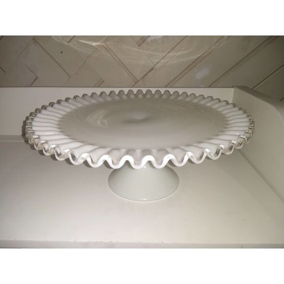 Fenton silver crest ruffled milk glass cake stand with ribbon crystal edge - Picture 5 of 8